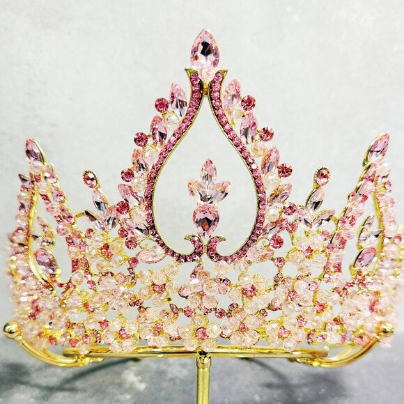 Bridal Tiara Crown, Gold Crystal Beaded Headpiece, Gold Pageant Crown - Picture 1 of 8